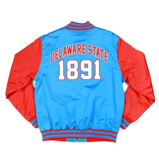 Delaware State Sky Blue and Red Baseball Jacket Delaware State Sky Blue and Red Baseball Jacket