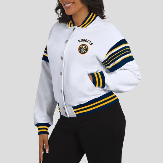 Denver Nuggets Snap Front White Fleece Jacket
