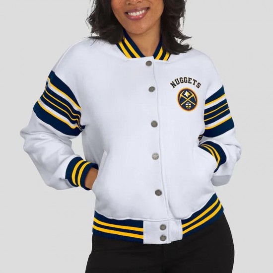 Denver Nuggets Snap Front White Fleece Jacket Denver Nuggets Snap Front White Fleece Jacket