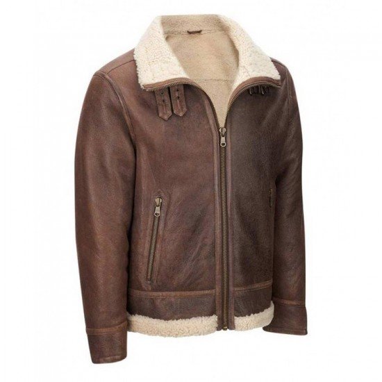 Mens Aviator Faux Shearling Brown Leather Jacket
