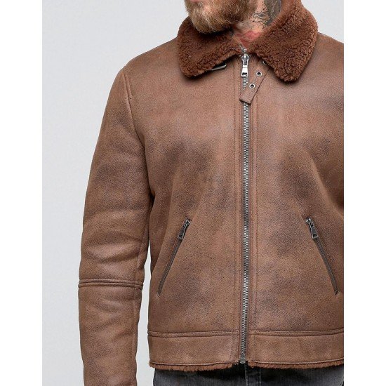 Mens B3 Faux Shearling Brown Leather Jacket