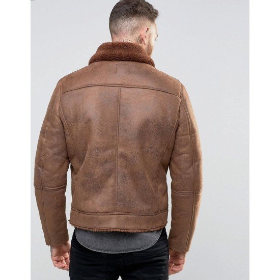 Mens B3 Faux Shearling Brown Leather Jacket