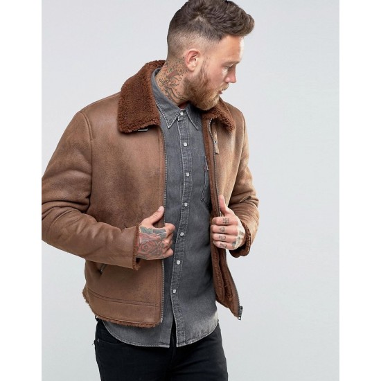 Mens B3 Faux Shearling Brown Leather Jacket