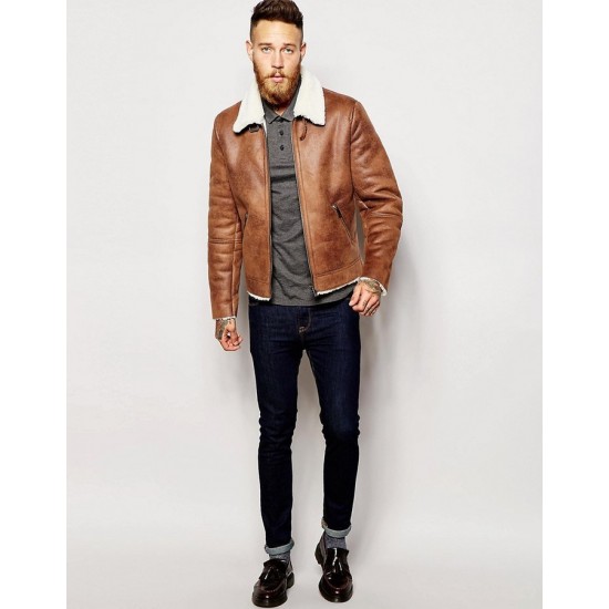 Mens Aviator Brown Leather Faux Shearling   Jacket