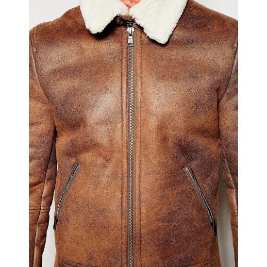 Mens Aviator Brown Leather Faux Shearling   Jacket