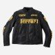 Ferrari Black Leather Men Biker Jacket With Yellow Color Graphics And Logo on backside.