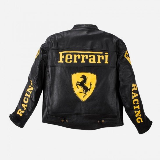 Ferrari Black Leather Men Biker Jacket With Yellow Color Graphics And Logo on backside.
