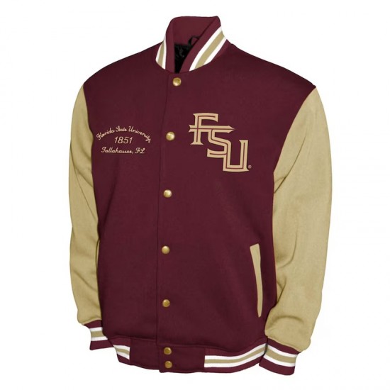 Florida State Seminoles Fleece Garnet and Beige Varsity Jacket Florida State Seminoles Fleece Garnet and Beige Varsity Jacket