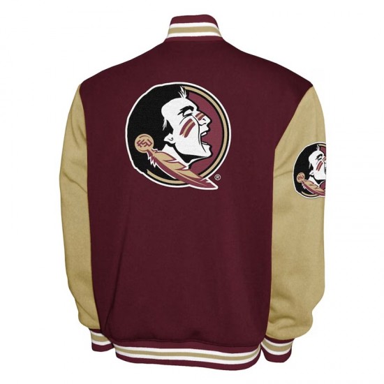 Florida State Seminoles Fleece Garnet and Beige Varsity Jacket Florida State Seminoles Fleece Garnet and Beige Varsity Jacket