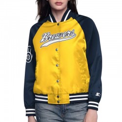 Gold/Navy Milwaukee Brewers Home Run Varsity Satin Jacket  Gold/Navy Milwaukee Brewers Home Run Varsity Satin Jacket