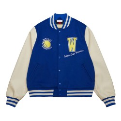 Golden State Warriors Classics Royal and Off White Varsity Jacket Golden State Warriors Classics Royal and Off White Varsity Jacket