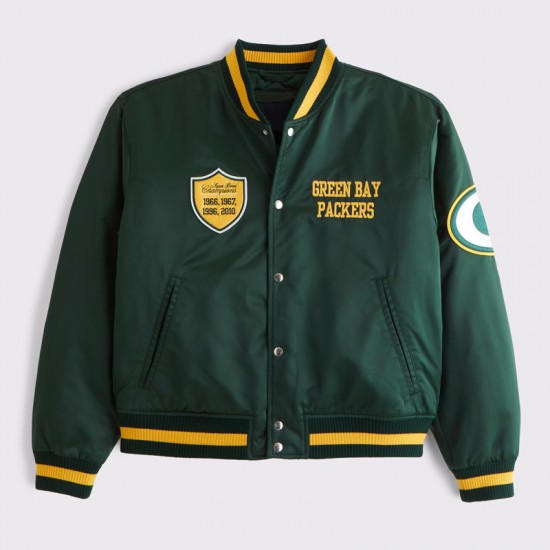 Green Bay Packers Green Varsity Bomber Satin Jacket Green Bay Packers Green Varsity Bomber Satin Jacket