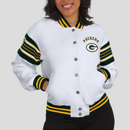 Green Bay Packers Snap Front White Fleece Jacket