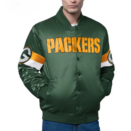 Green Bay Packers Triple Option Varsity Satin Jacket Green Bay Packers Triple Option Varsity Satin Jacket
