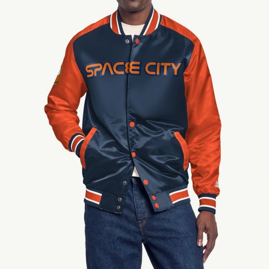 Houston Astros Blue and Orange Varsity Satin Jacket Houston Astros Blue and Orange Varsity Satin Jacket