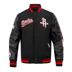 Houston Rockets Script Tail Classic Rib Varsity Jacket Houston Rockets Script Tail Classic Rib Varsity Jacket