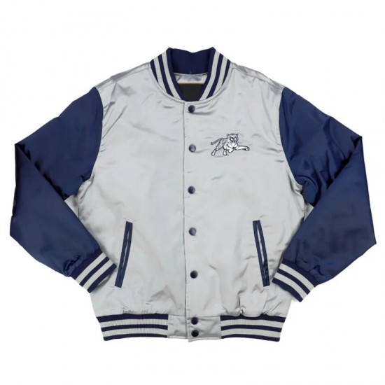 Jackson State Gray and Navy Baseball Jacket Jackson State Gray and Navy Baseball Jacket