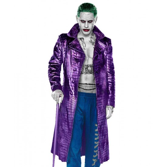 Joker Suicide Squad Purple Leather Trench Coat Joker Suicide Squad Purple Leather Trench Coat