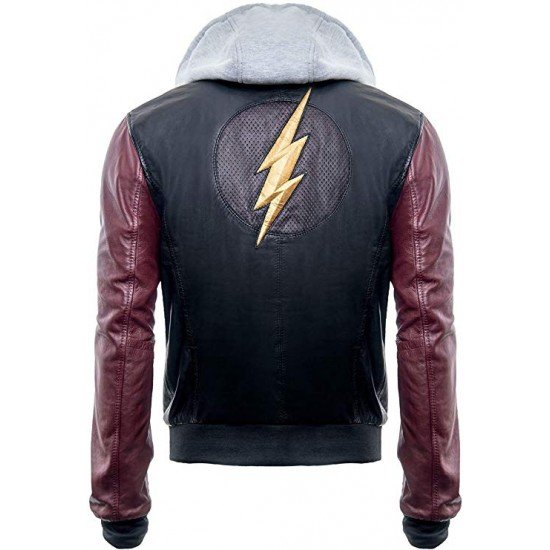 Justice League Barry Allen Flash Leather Jacket With Fleece Hoodie And Flash Logo On The Back Side.
