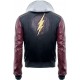 Justice League Barry Allen Flash Leather Jacket With Fleece Hoodie And Flash Logo On The Back Side.