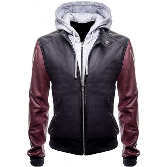 Justice League Barry Allen Flash Leather Jacket With Fleece Hoodie And Flash Logo On The Back Side.