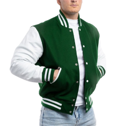 Kelly Green Wool Body & Bright White Leather Sleeves Letterman Jacket