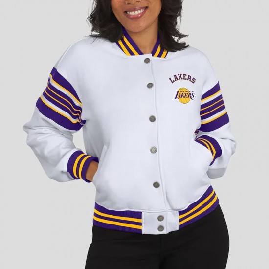 LA Lakers Snap Front White Fleece Jacket