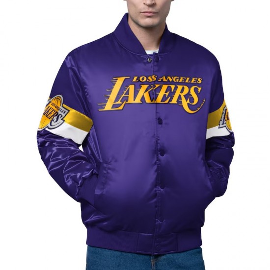 LA Lakers Triple Option Varsity Full-Snap Satin Jacket LA Lakers Triple Option Varsity Full-Snap Satin Jacket