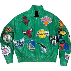 Green All-Team Logo Collage Leather Jacket Green All-Team Logo Collage Leather Jacket