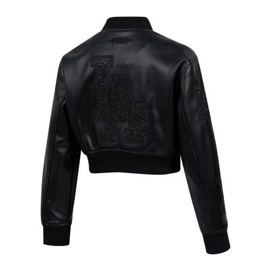 Los Angeles Dodgers Washed Crystalline Women's Cropped Leather Varsity Jacket
