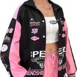 MakeMeChic Women's Color Block Letter Print Jacket - Oversized Button-Down Streetwear Coat MakeMeChic Women's Color Block Letter Print Jacket - Oversized Button-Down Streetwear Coat