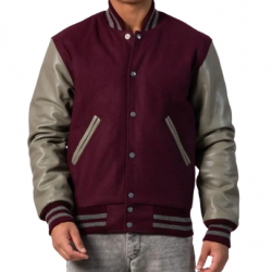 Maroon Body & Grey Leather Sleeves Letterman Jacket