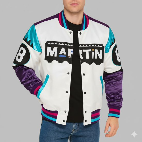 Retro-inspired satin varsity jacket, Martin 8-Ball color-block bomber.