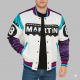 Retro-inspired satin varsity jacket, Martin 8-Ball color-block bomber.