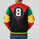 Retro-inspired satin varsity jacket, Martin 8-Ball color-block bomber.
