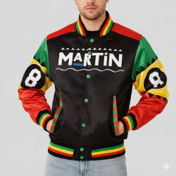 Martin 8-Ball Satin Varsity Jacket – Vintage Color-Block Bomber with Ribbed Trim