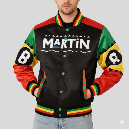 Martin 8-Ball Satin Varsity Jacket – Vintage Bomber with Color-Block Design Retro-inspired satin varsity jacket, Martin 8-Ball color-block bomber.