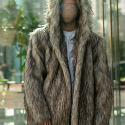 Men's Beige Coyote Faux Fur Jacket with Oversized Hood Burner Coat Men's Beige Coyote Faux Fur Jacket with Oversized Hood Burner Coat