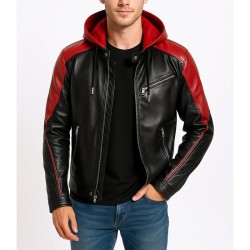 Men’s Biker Red & Black Leather Hooded Jacket