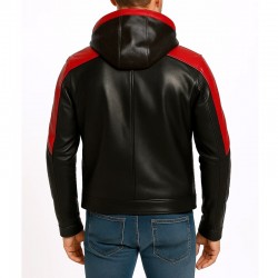 Men’s Biker Red & Black Leather Hooded Jacket