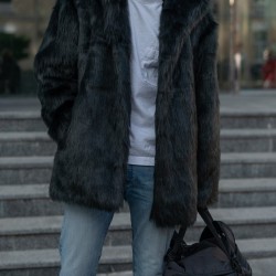 Men's Black Faux Fur Short Winter Coat with Collar  Men's Black Faux Fur Short Winter Coat with Collar