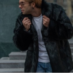 Men's Black Faux Fur Short Winter Coat with Collar  Men's Black Faux Fur Short Winter Coat with Collar