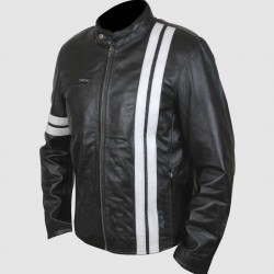 Men's Black Leather Jacket with White Stripes