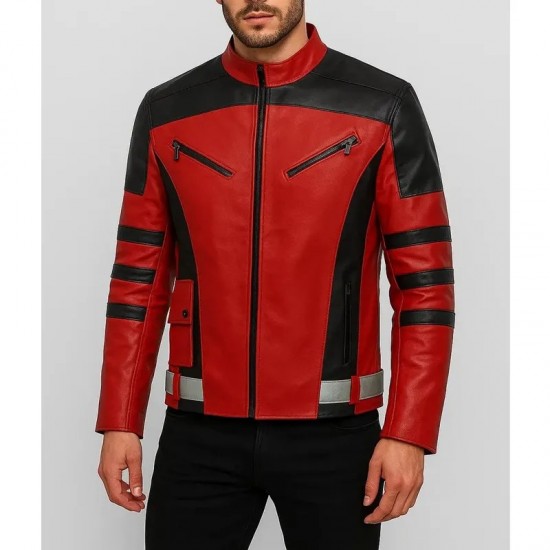 Men’s Black Striped Biker Red Leather Jacket