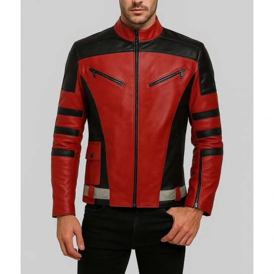 Men’s Black Striped Biker Red Leather Jacket