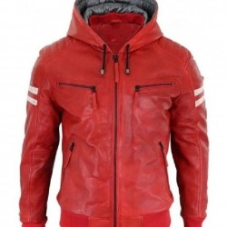 Men’s Bomber Red Leather Biker Hooded