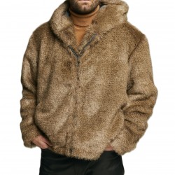 Men's Gray Wolf Faux Fur Bomber with Oversized Hood - Short Furry Hooded Jacket Men's Gray Wolf Faux Fur Bomber with Oversized Hood - Short Furry Hooded Jacket