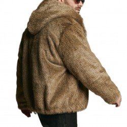 Men's Gray Wolf Faux Fur Bomber with Oversized Hood - Short Furry Hooded Jacket Men's Gray Wolf Faux Fur Bomber with Oversized Hood - Short Furry Hooded Jacket