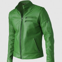 Men’s Green Leather Jacket - Regular Fit for Party Wear