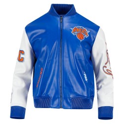 Men's New York Knicks "City Signature" Royal Blue & White Leather Varsity Jacket Men's New York Knicks "City Signature" Royal Blue & White Leather Varsity Jacket